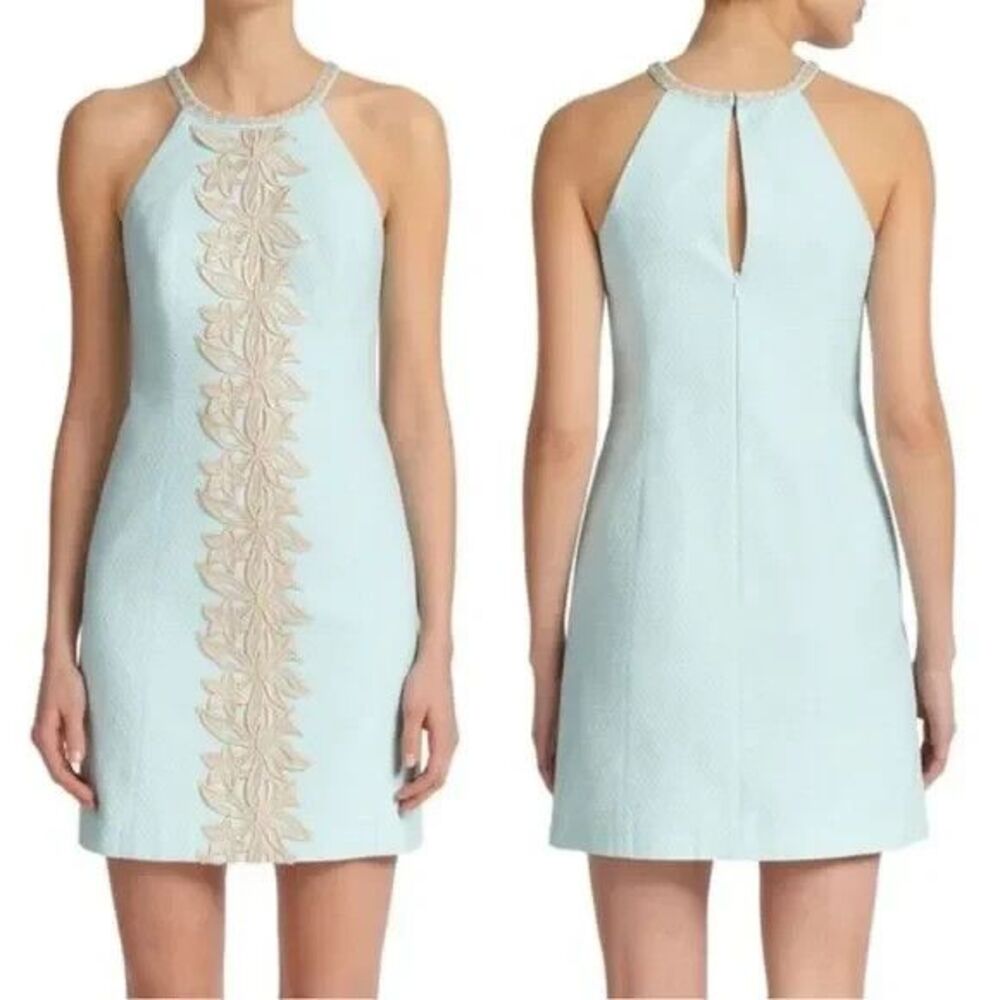 Lilly Pulitzer Pearl Shift Dress Whisper Blue Gold Embroidery NWT 0